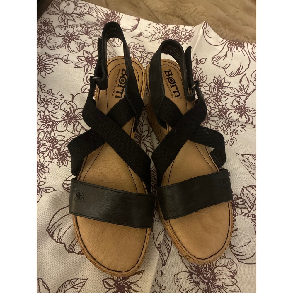 Born Womens F65703 Black Leather Elastic Cork Wedge Slingback Sandals Size 6M